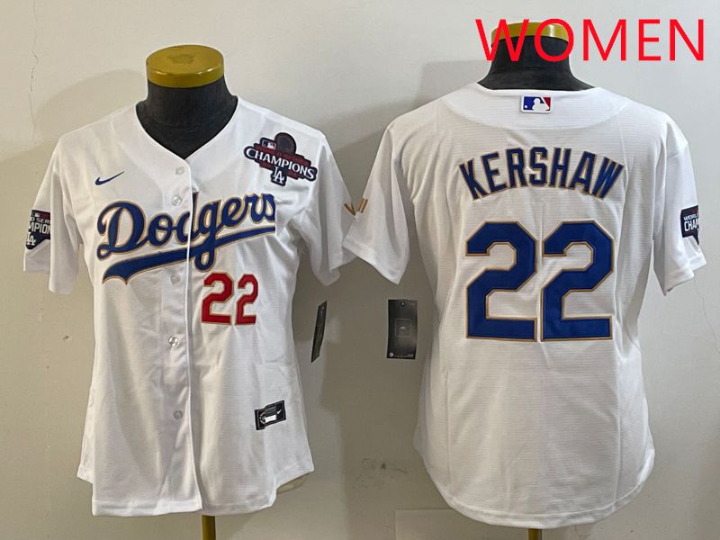 Women Los Angeles Dodgers 22 Kershaw White Gold Game 2025 Nike MLB Jersey style 4
